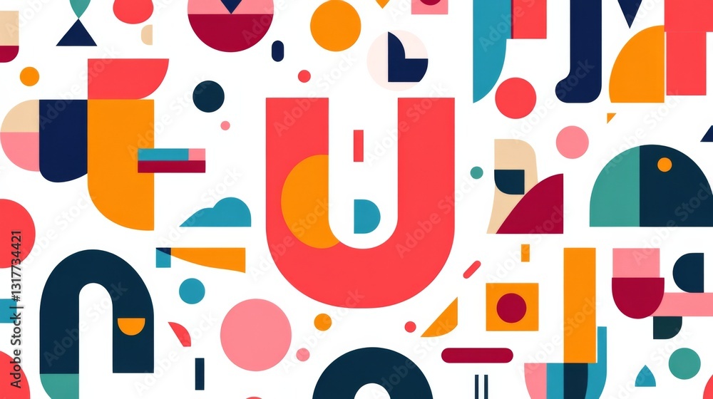 Poster a seamless pattern of colorful squares, circles, and triangles on a white background