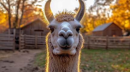 Obraz premium Close-up of a curious llama on a farm with a wooden fence and barn