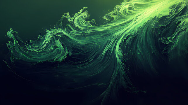 Luminous green waves with ethereal flowing patterns in the dark. dreamlike phosphorescent waves. illustration. Phosphorescent Waves. Illustration