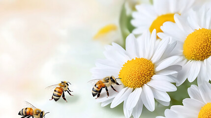 Obraz premium Three bees are flying around a bunch of white flowers. generated using AI