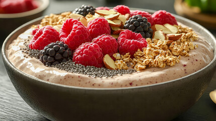 A freshly made smoothie with a thick creamy base filled with berries, nuts and seeds