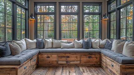 Rustic sunroom seating area with large windows