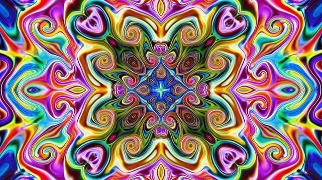 Psychedelic abstract background with colorful swirling patterns and vivid trippy effects. Generative AI video