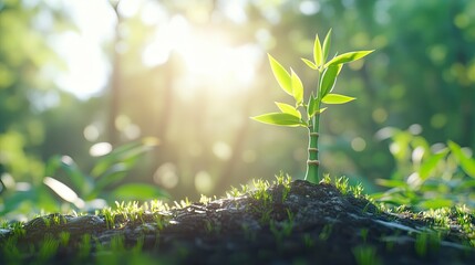 Fototapeta premium Young bamboo sprout growing in rich soil, bathed in sunlight.