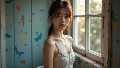 Fototapeta premium Young woman gazing thoughtfully by a window in a rustic room