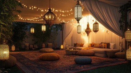 Enchanting ramadan tent ambiance with hanging lanterns and glowing fairy lights
