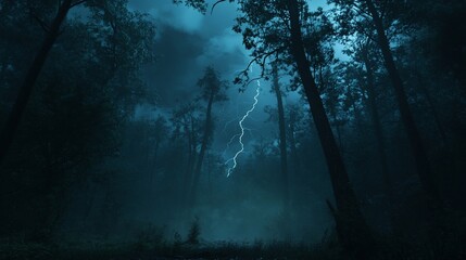 Fototapeta premium Eerie Night in the Forest: A Dramatic Lightning Strike Illuminates the Dark Woods