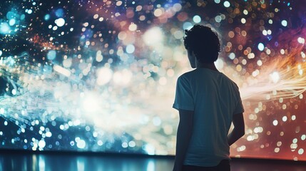 Boy gazing at a vibrant, abstract light display.