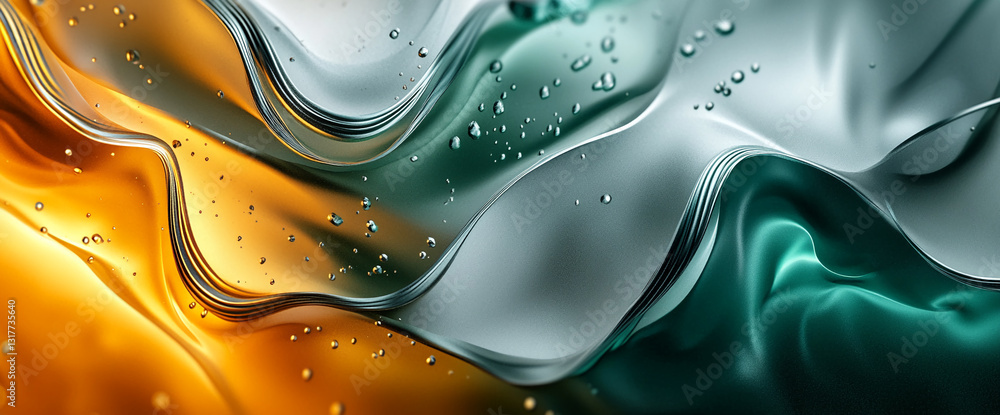 Poster abstract image of flowing, liquid-like textures in gold, teal, and silver tones, creating a dynamic 