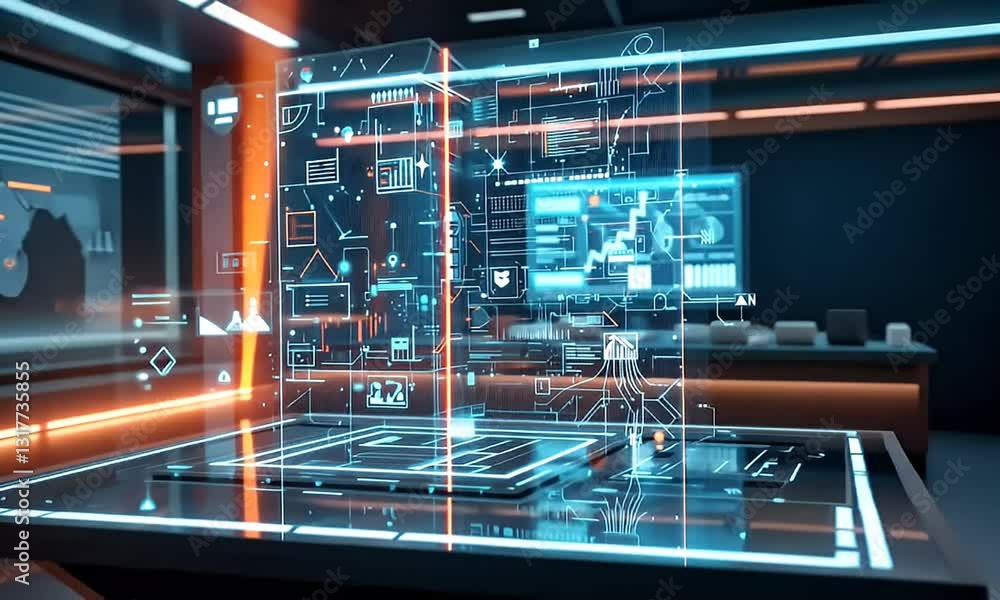 Poster abstract holographic technology display with geometric lines and data charts in a futuristic cyberpu