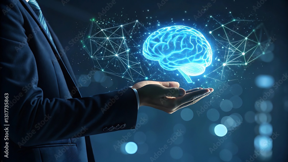 Aufkleber a businessman holds a glowing digital brain representing artificial intelligence neural networks and