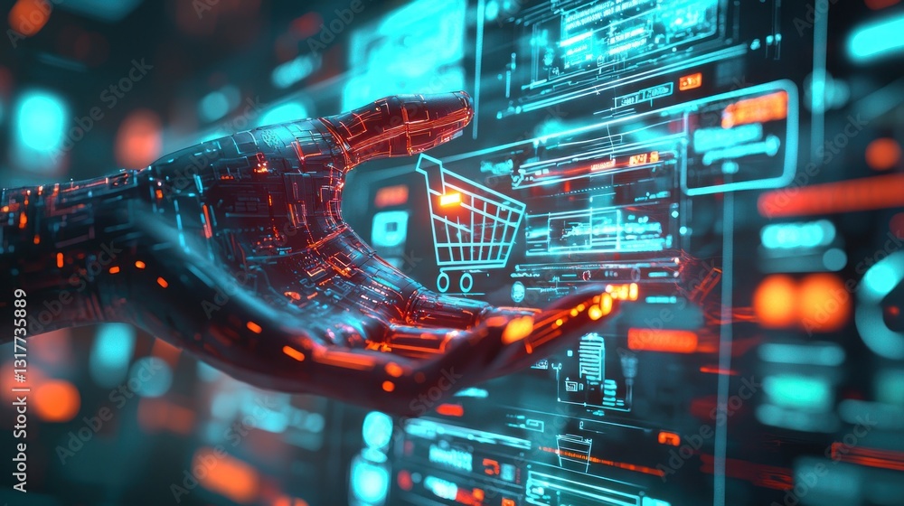 Aufkleber robotic hand interacts with a digital shopping cart interface.