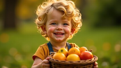 Child with light curly hair holding basket with fruits, smiling happily against green park background. Concept of childhood, nature, healthy eating and joy.