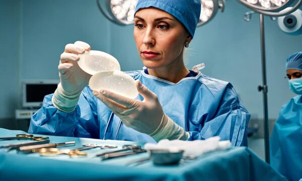 Female surgeon examining breast implants in operating room