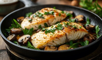 Pan-Seared Cod Fillets with Garlic Butter Mushrooms and Fresh Parsley