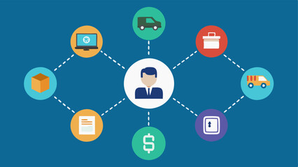 Fototapeta premium Stakeholder Collaboration Multiple icons representing different stakeholders manufacturers shippers retailers consumers interconnected by blockchain links symbolizing collaboration