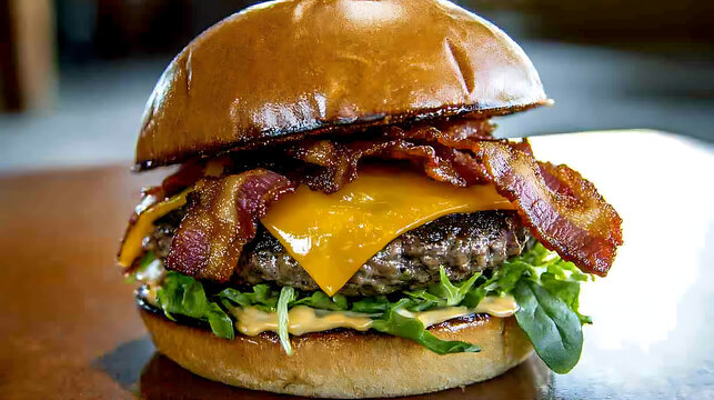 A large hamburger with bacon and cheese on it. generated using AI