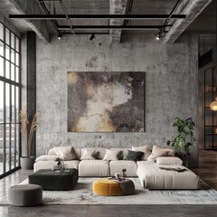 Modern living room with concrete walls and comfortable seating