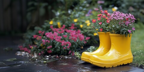 Yellow rubber boots serve as flowerpots in the garden. Upcycling
