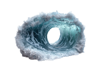 Powerful Ocean Wave Barrel with Turquoise Water and White Sea Foam, Dynamic Tropical Storm Surf Breaking Wave Tunnel Isolated on Transparent and White Background