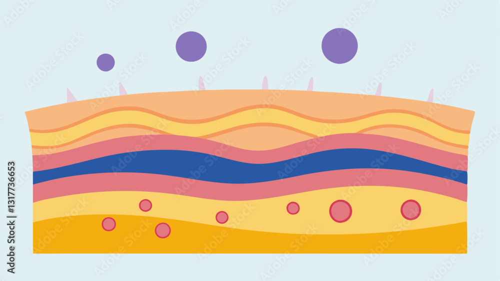 Poster skin layer breakdown a diagram showing the layers of skin with collagen fibers highlighted in a vibr