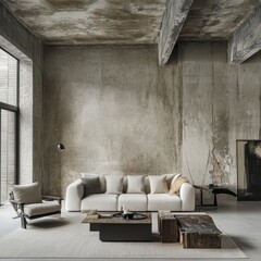 A modern concrete interior space featuring comfortable furniture arrangements