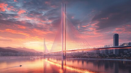 Obraz premium Sunset cityscape bridge, harbor, reflection, urban, design