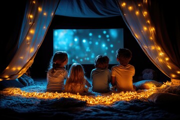 Four children sitting in a dark tent, watching a movie on a projector screen.  Warm soft lighting from fairy lights surrounds the children