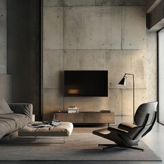 Modern living room interior featuring concrete walls and minimalist furniture