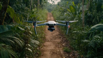 Black quadcopter drone with camera hovering in a lush green tropical jungle 