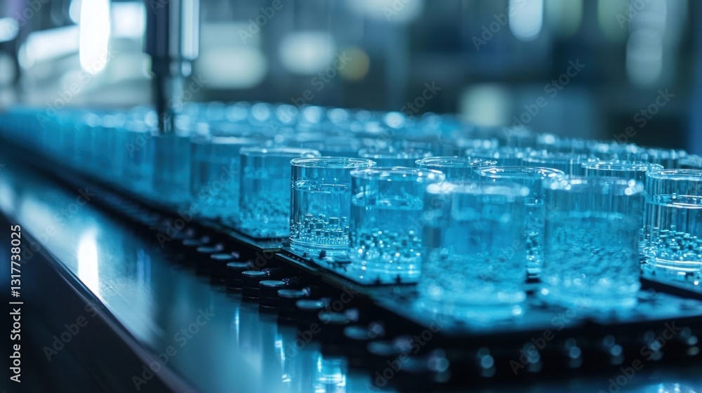 Poster automated production line filling transparent containers with blue liquid.
