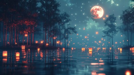 Obraz premium Enchanting moonlit forest scene with glowing lanterns floating on serene lake.
