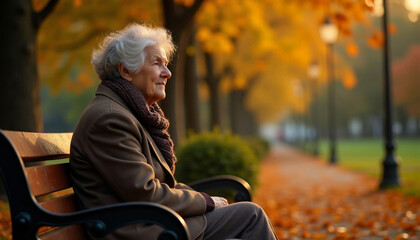 Elderly woman on bench in autumn park. AI image