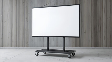 Mobile Blank White Screen TV Trolley Stand Mount Cart Exhibition LED Advertising Display. 3d render illustration.