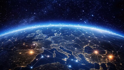 European Telecommunication Network Seen From Space: European 5g Lte Mobile Web, Global Wifi, Iot, Blockchain Fintech, 8k Technology