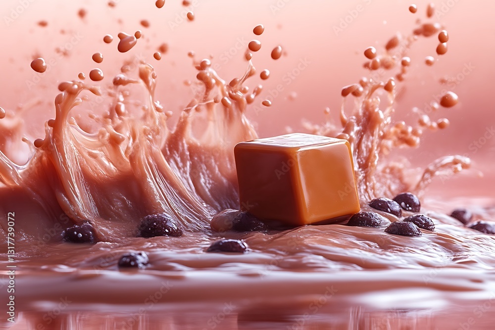 Poster a cube of candy surrounded by liquid splashing dramatically upward