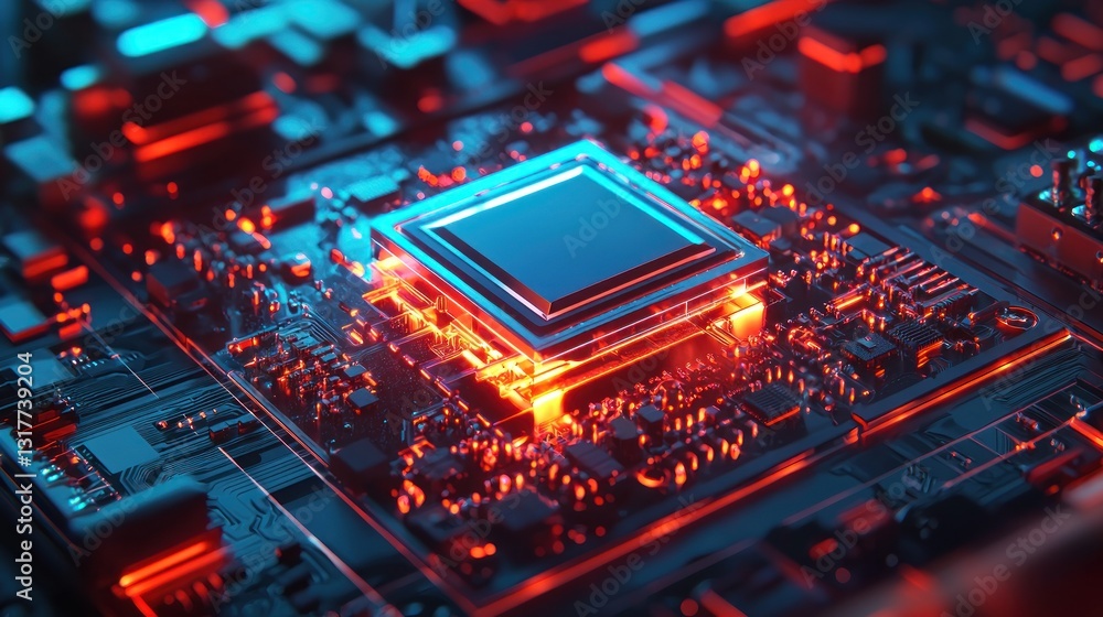 Poster glowing cpu on circuit board.