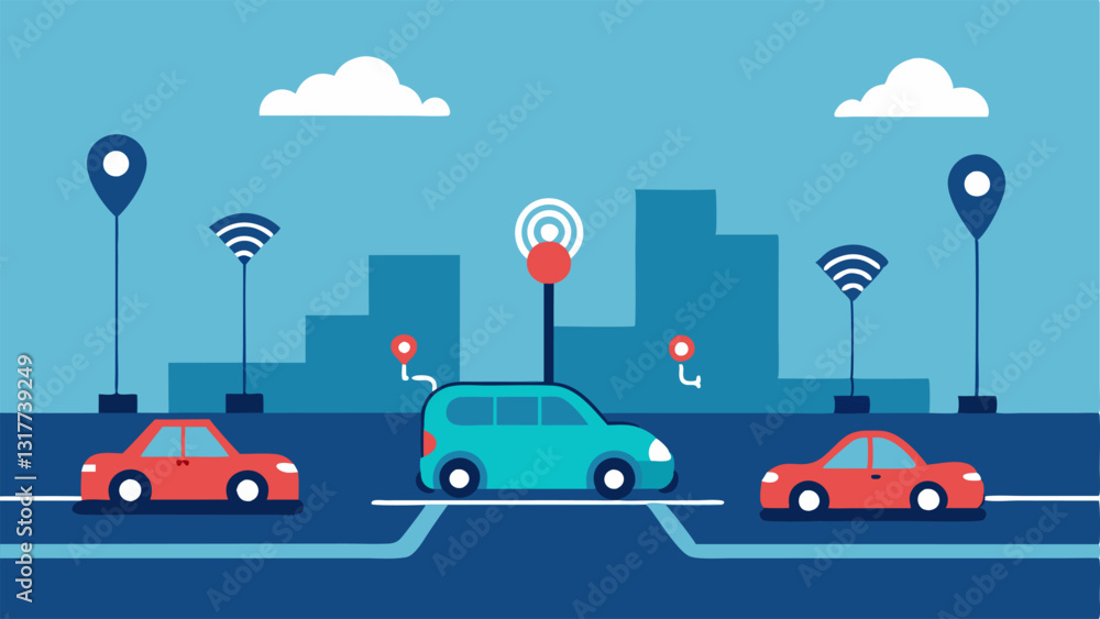Poster smart parking solutions a parking lot illustration featuring sensors that detect available spaces an