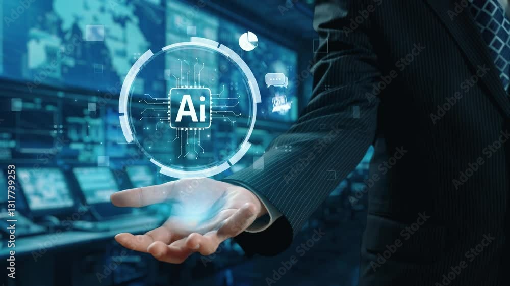 Poster human interact with ai artificial intelligence brain processor in concept of ai artificial intellige