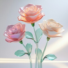 Elegant Glass Rose Flowers with Translucent Petals, Iridescent Floral Art, Modern Decorative Design, Luxury Aesthetic for Interior and Branding, Soft Pastel Colors with Delicate Light Reflection