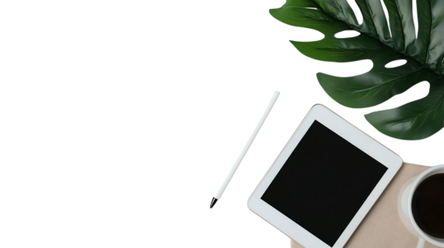 A tablet with a stylus pen resting beside it on a white background --ar 16:9