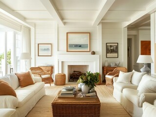 A bright living room displaying cozy furniture and nautical artwork