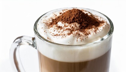 Foamy Cappuccino with Whipped Milk and Cocoa Powder in a Double Glass Mug Isolated on White Background