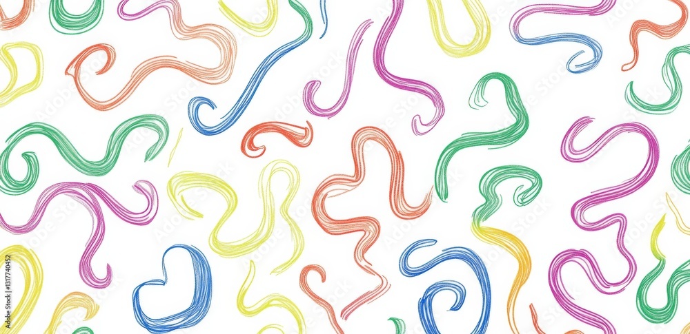 Poster a seamless pattern featuring colorful, simple line drawings of small squiggles and swirls on a white