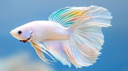 Fototapeta premium Elegant White Siamese Fighting Fish with iridescent fins aquatic pet vibrant colors underwater scene
