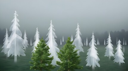 Fototapeta premium ghostly forest with fading silhouettes of trees lost in dense mist for ecological campaigns and deforestation warnings