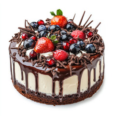 Delicious cake with chocolate glaze and fresh berries on top isolated on white