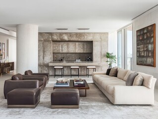 Modern and spacious living room interior with stylish furniture and kitchen