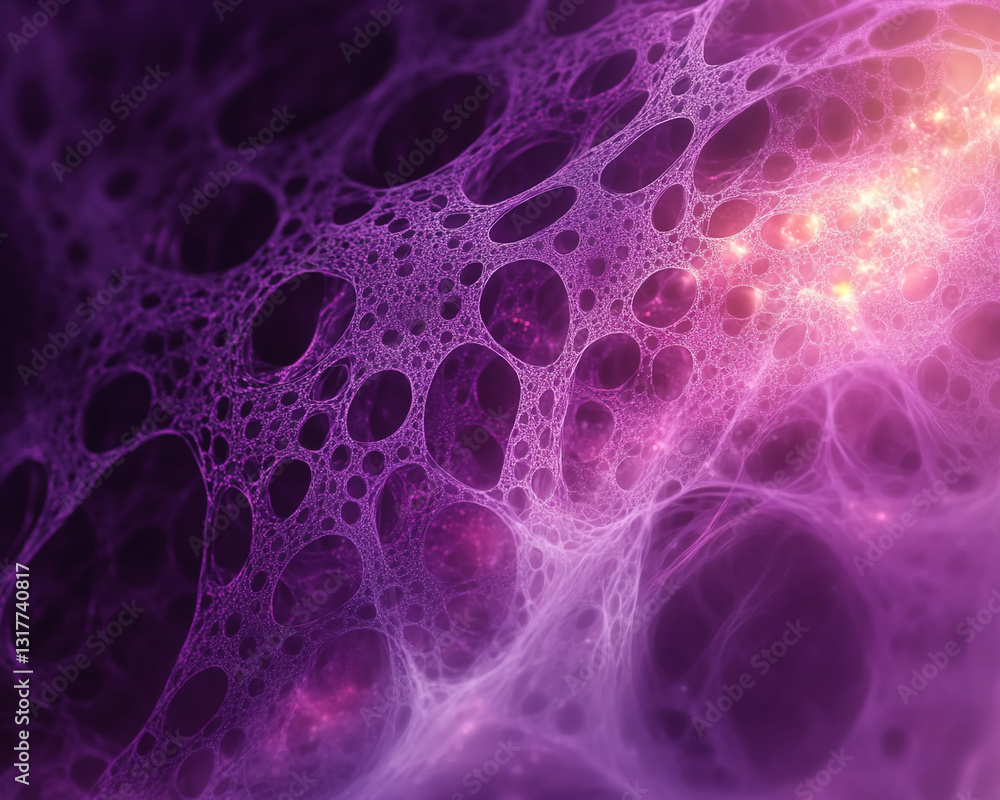 Poster Abstract image of purple and pink network texture, resembling a porous structure or cosmic nebula, creating a mystical and ethereal mood, ideal for design backgrounds