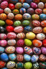 A mesmerizing collection of intricately decorated Easter eggs in folk art style, showcasing diverse patterns and cultural heritage.

